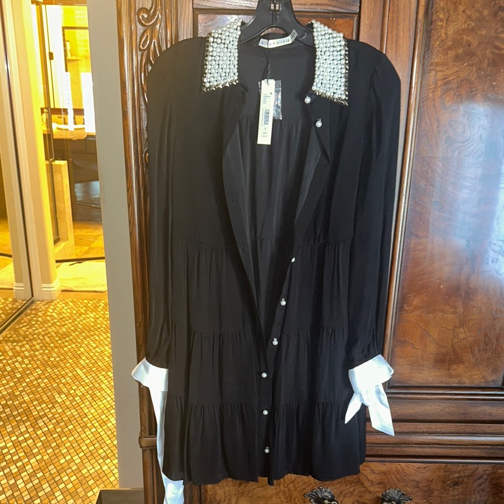 New with tags Alice + Olivia Black Dress with Pearl and White Accents